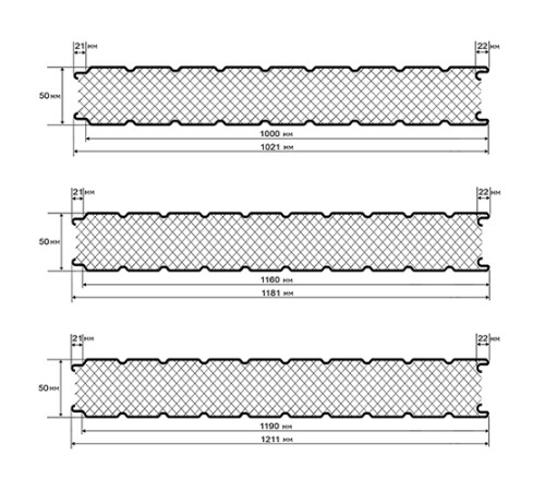 Нержавеющие сэндвич панели стеновые с пенополиуретаном, ширина 1200 мм, толщина 50 мм, 0.5/0.5, AISI 304